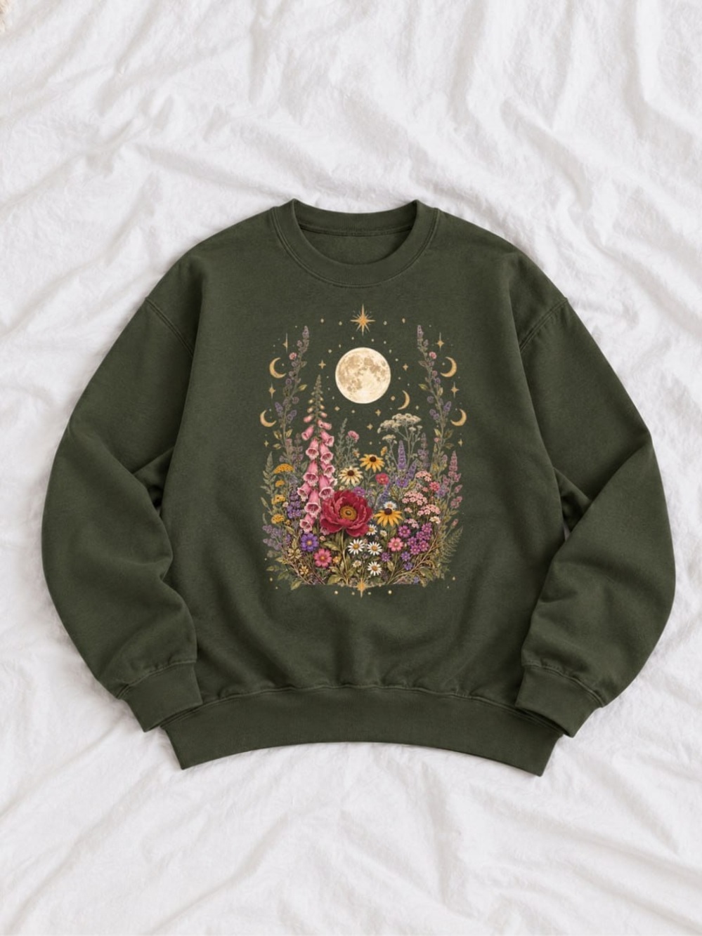 Forest Green Moon & Floral Graphic Sweatshirt